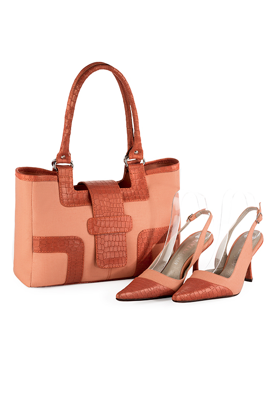 Peach orange women's dress handbag, matching pumps and belts. Top view - Florence KOOIJMAN